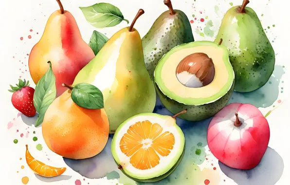 Apples, strawberry, fruit, pear, different, avocado, imitation of watercolor, AI art