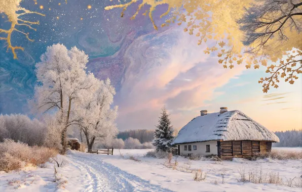 Picture winter, frost, road, snow, trees, house, AI art, neural network