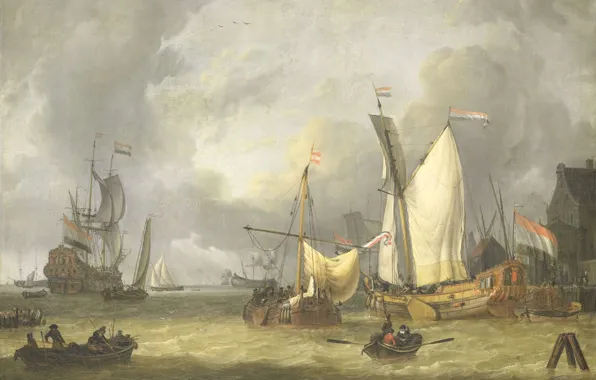 Picture oil, picture, sail, canvas, seascape, Jan Claesz Rietschoof, The ships in the Harbor. Fresh Wind