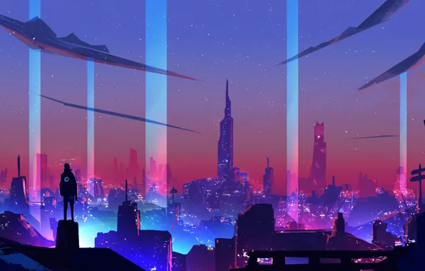 Night, The city, Style, City, Fantasy, Art, Style, Neon