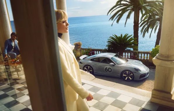 Car, machine, auto, girl, palm trees, background, Wallpaper, technique