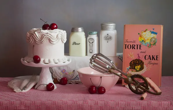Picture white, cherry, table, wall, pink, food, jars, cake