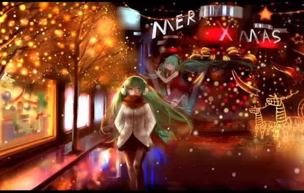 Picture snow, trees, street, lights, scarf, vocaloid, hatsune miku, showcase