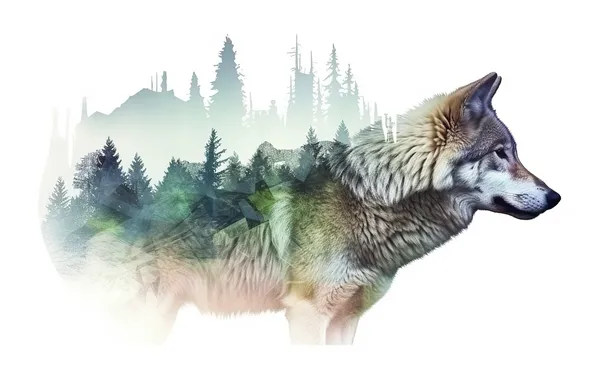 Forest, look, trees, nature, grey, collage, wolf, ate