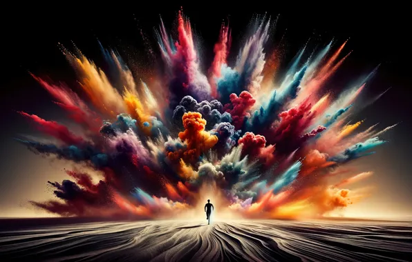 The explosion, night, desert, explosion, desert, night, explosion of colors, a solitary figure