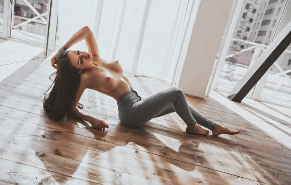 Chest, pose, model, Windows, jeans, makeup, figure, hairstyle