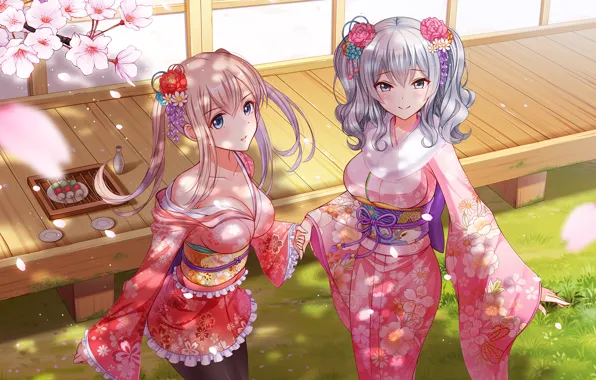 Smile, house, girls, anime, petals, Sakura, art, kimono