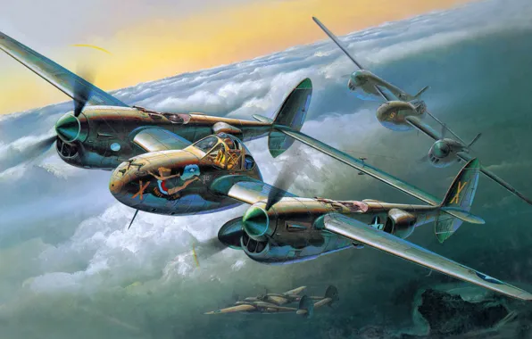 Picture the plane, fighter, art, bomber, Lightning, P-38J, WW2.