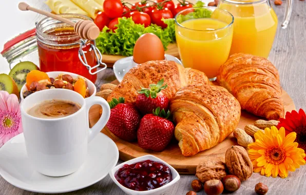 Picture berries, croissant, cuts, Goodies, coffee, strawberry