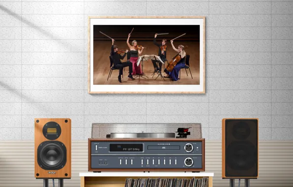 Amplifier, audio, tuner, speaker, vinyl player, picture frame, string quartet, cd player