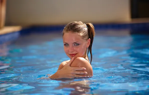 Look, water, girl, smile, wet, pool, brown hair, Emily