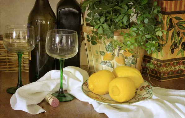 Flower, lemon, glasses, bottle, citrus