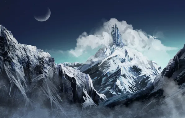 Clouds, snow, mountains, castle, the moon