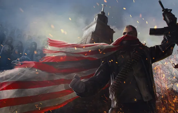 Picture war, tower, flag, warrior, art, machine, Homefront: The Revolution