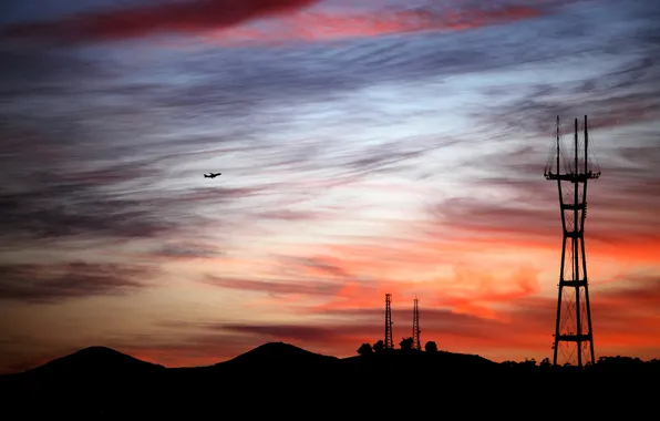 Picture sunset, the evening, the plane, silhouette, the tower