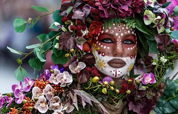 Picture look, leaves, girl, flowers, branches, face, style, portrait