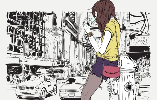 Road, girl, machine, style, street, hair, vector, handbag