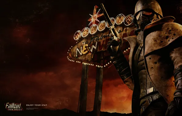 Lights, neon, soldiers, Vegas, Fallout, revolver, New Vegas