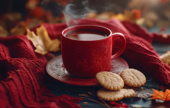 Autumn, red, comfort, tea, coffee, hot, scarf, cookies