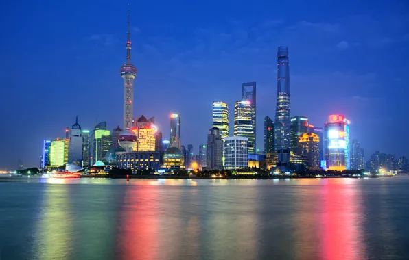 Night, lights, reflection, mirror, China, Shanghai, Oriental Pearl Tower, Shanghai Tower