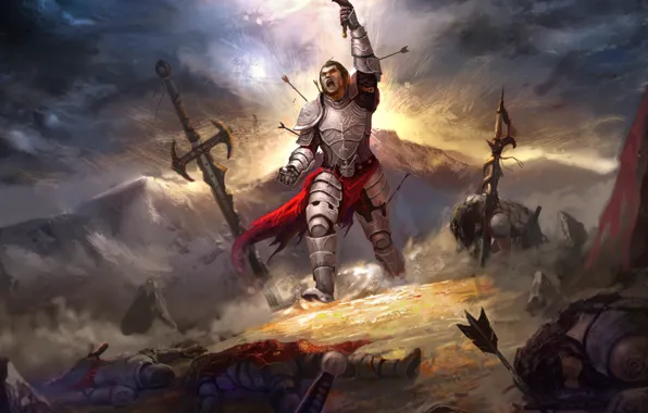 Blood, sword, warrior, arrows, corpses