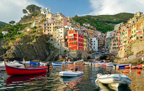 Sea, rocks, coast, Villa, boats, Italy, houses, Riomaggiore