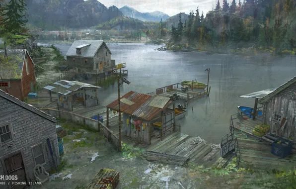 Picture forest, mountains, pond, Watch Dogs - environments, fishing island