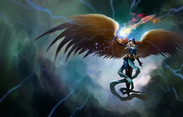 Girl, magic, zipper, wings, angel, sword, art, League of Legends