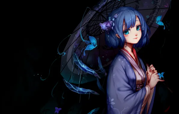 Picture girl, butterfly, the dark background, umbrella, art, kimono, touhou, blue hair