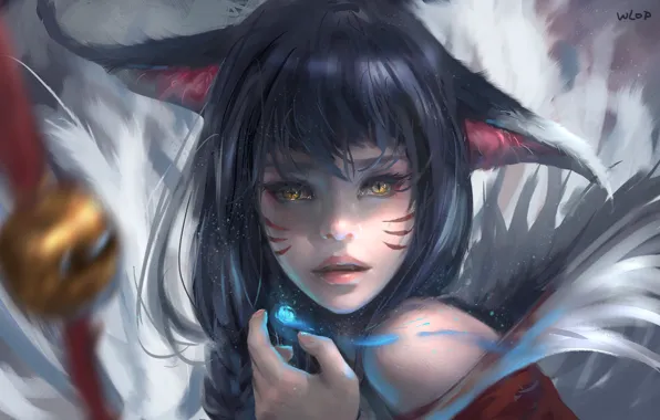 Picture Girl, Elf, Art, League of Legends, Ahri, Nine-Tailed Fox, Wlop