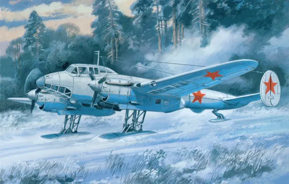 Picture winter, field, snow, the plane, figure, art, bomber, Soviet