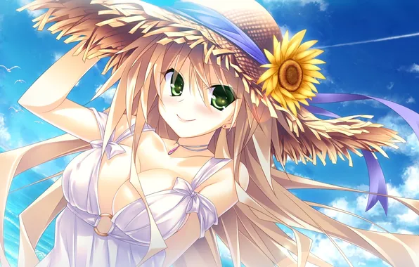 Picture sea, flower, girl, hat, art, game cg, hibarigaoka itsuki, guardian☆place