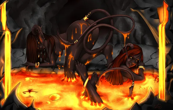 Girls, bath, lava, demons