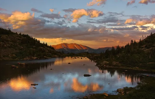 Forest, clouds, mountains, river