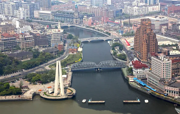 The city, photo, top, China, Shanghai, bridges, megapolis, water channel