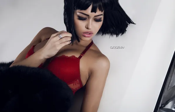 Girl, red, model, makeup, brunette, hairstyle, bra, photographer