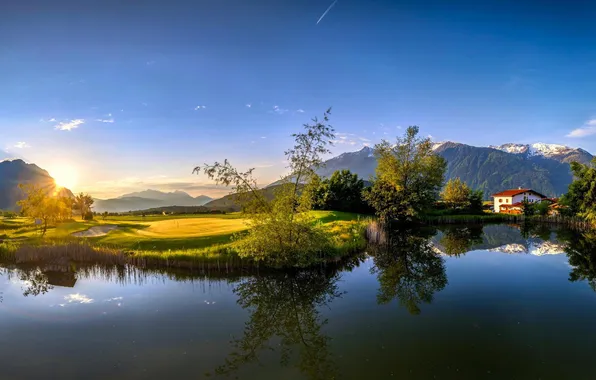 Picture summer, mountains, nature, lake, house, panorama