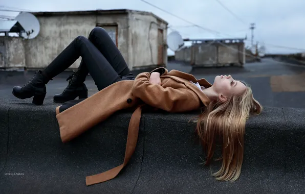 Picture girl, pose, hair, shoes, lies, coat, on the roof, Denis Lankin