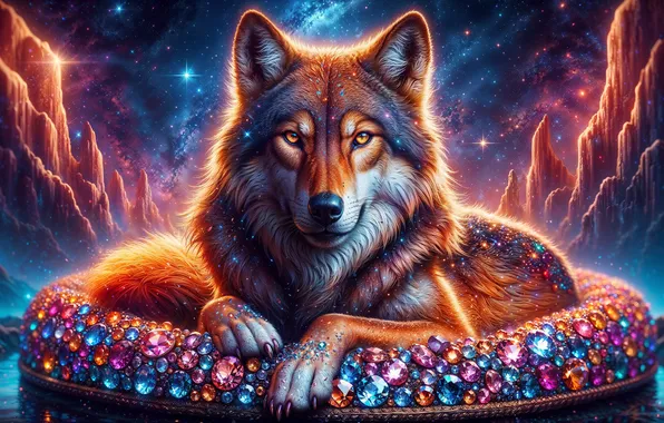 Wolf, diamonds, gems