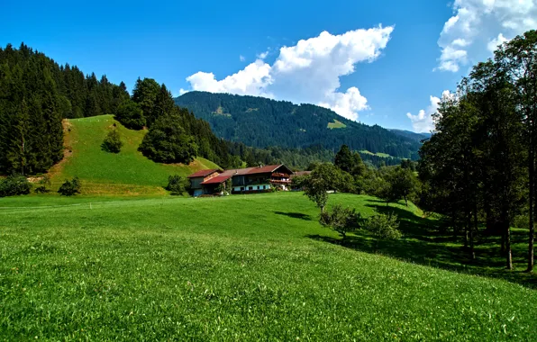 The sky, grass, clouds, trees, mountains, house, field, Germany