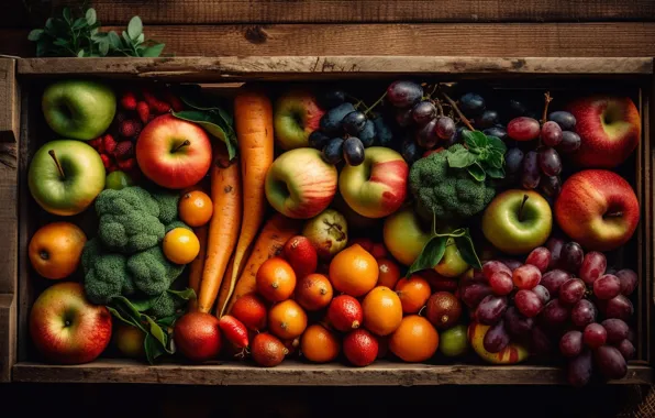 Berries, apples, food, strawberry, grapes, fruit, box, vegetables