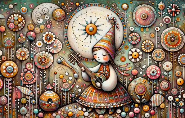 Girl, circles, flowers, music, patterns, the game, styling, dress