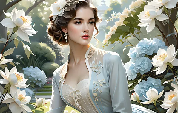 Girl, flowers, retro, garden, dress, hairstyle, outfit, Princess