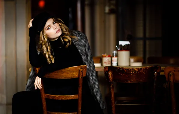 Look, girl, pose, model, hands, chair, cap, jacket