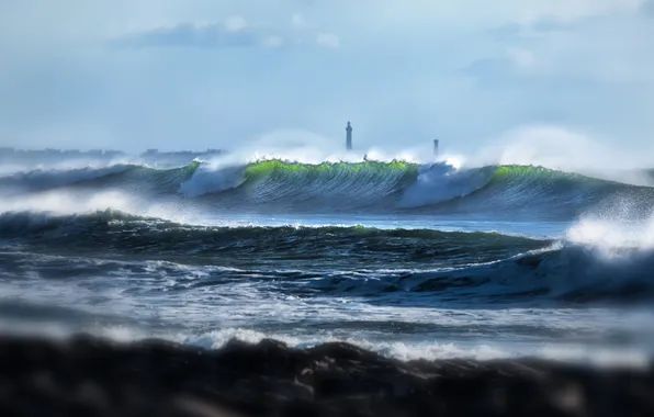 Wave, water, storm, shore, lighthouse, treatment, blur, surf