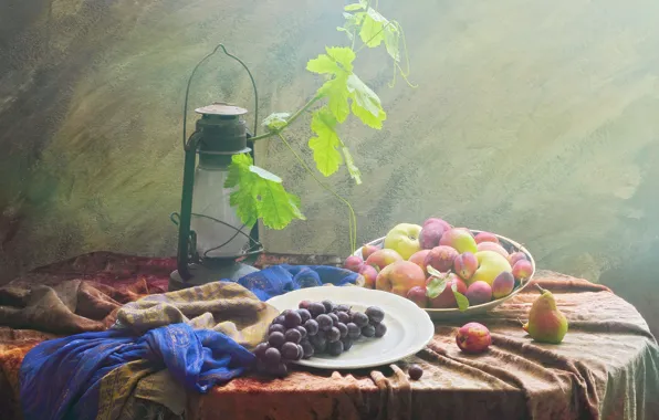 Leaves, apples, grapes, fruit, still life, plum, pear, items