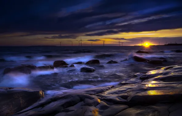 Sea, sunset, night, shore, windmills