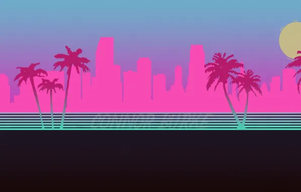 The city, Neon, Palm trees, Silhouette, Background, Hotline Miami, Synthpop, Darkwave