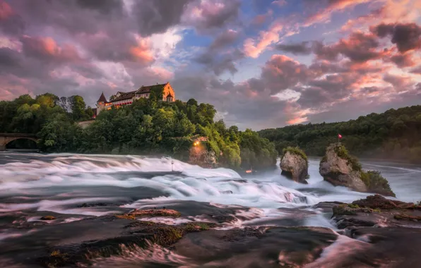 Forest, clouds, sunset, clouds, river, stones, castle, rocks