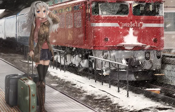 Winter, girl, train, station, suitcase, school uniform, art, gd. fengzi